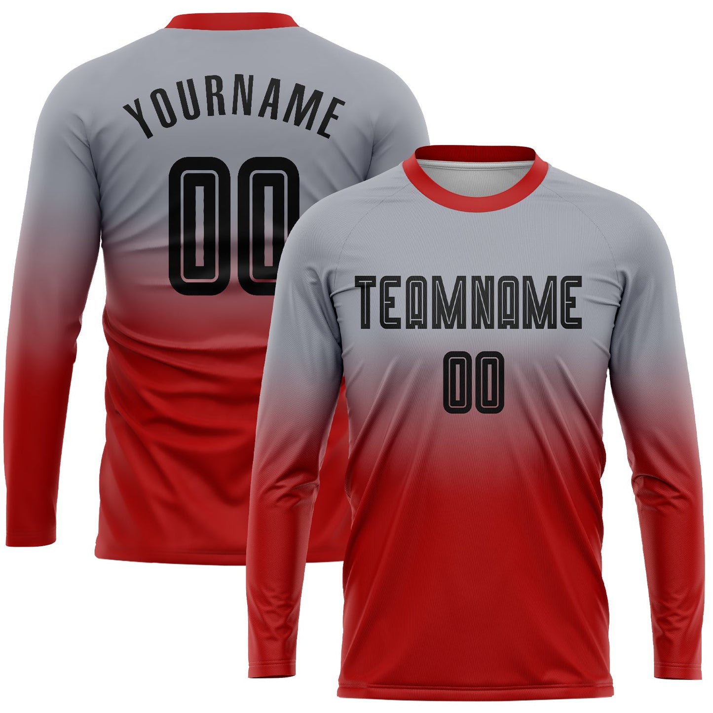 Camiseta de fútbol personalizada de manga larga con sublimación en gris, negro y rojo, con efecto desteñido