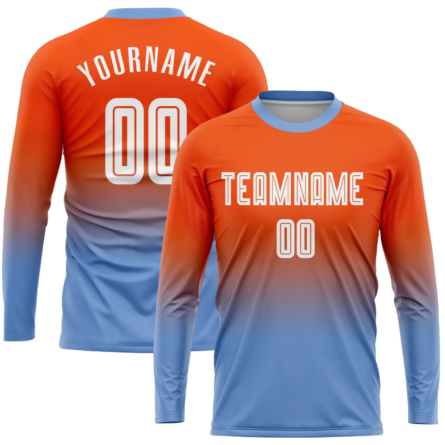Camiseta de fútbol personalizada de manga larga con sublimación en naranja, blanco y azul claro.