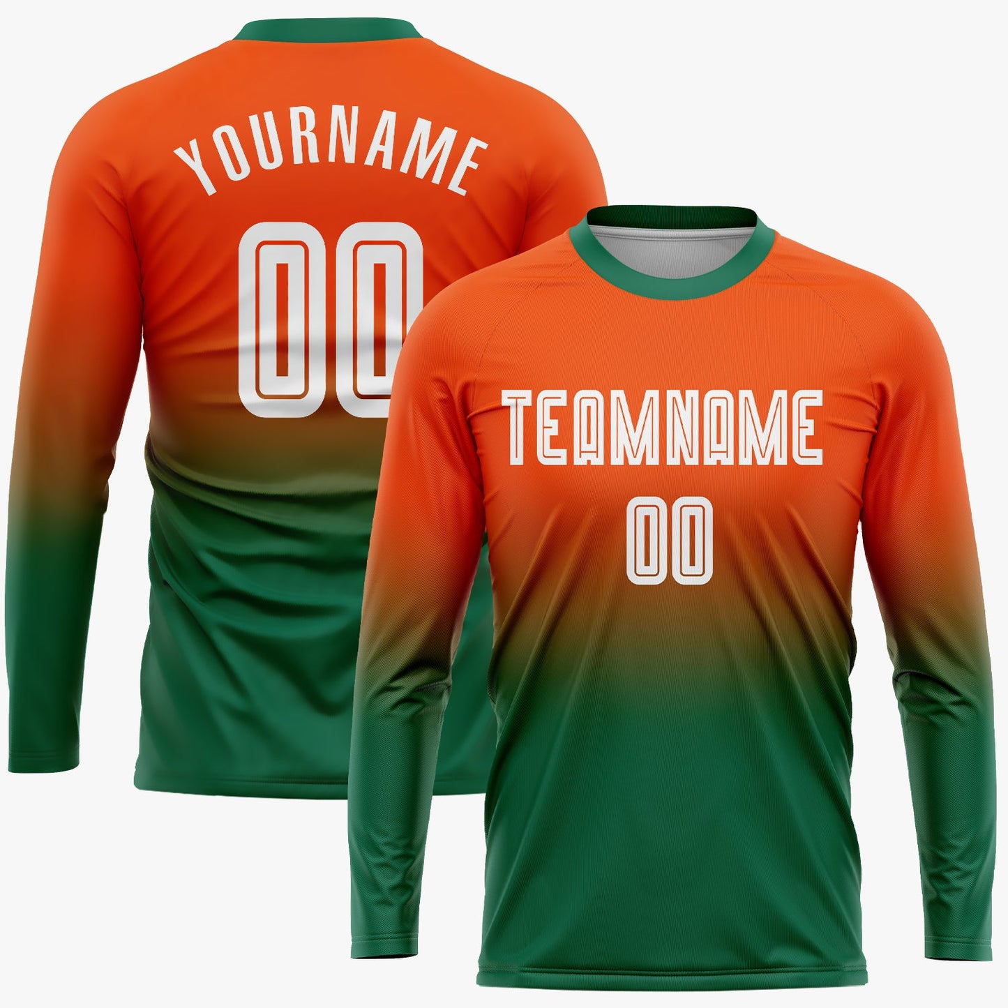 Camiseta de fútbol personalizada de manga larga con degradado, color naranja, blanco y verde Kelly, sublimada