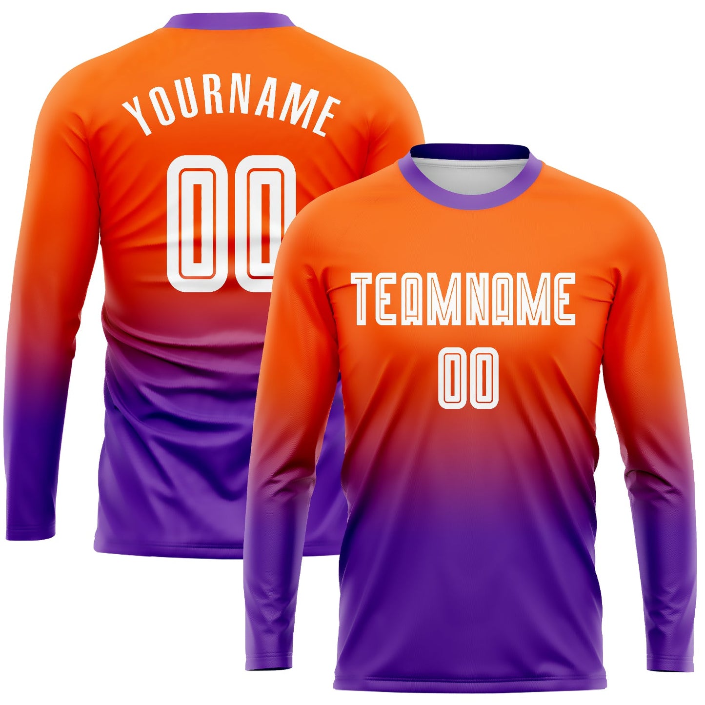 Camiseta de fútbol personalizada de manga larga con degradado, color naranja, blanco y morado, sublimada