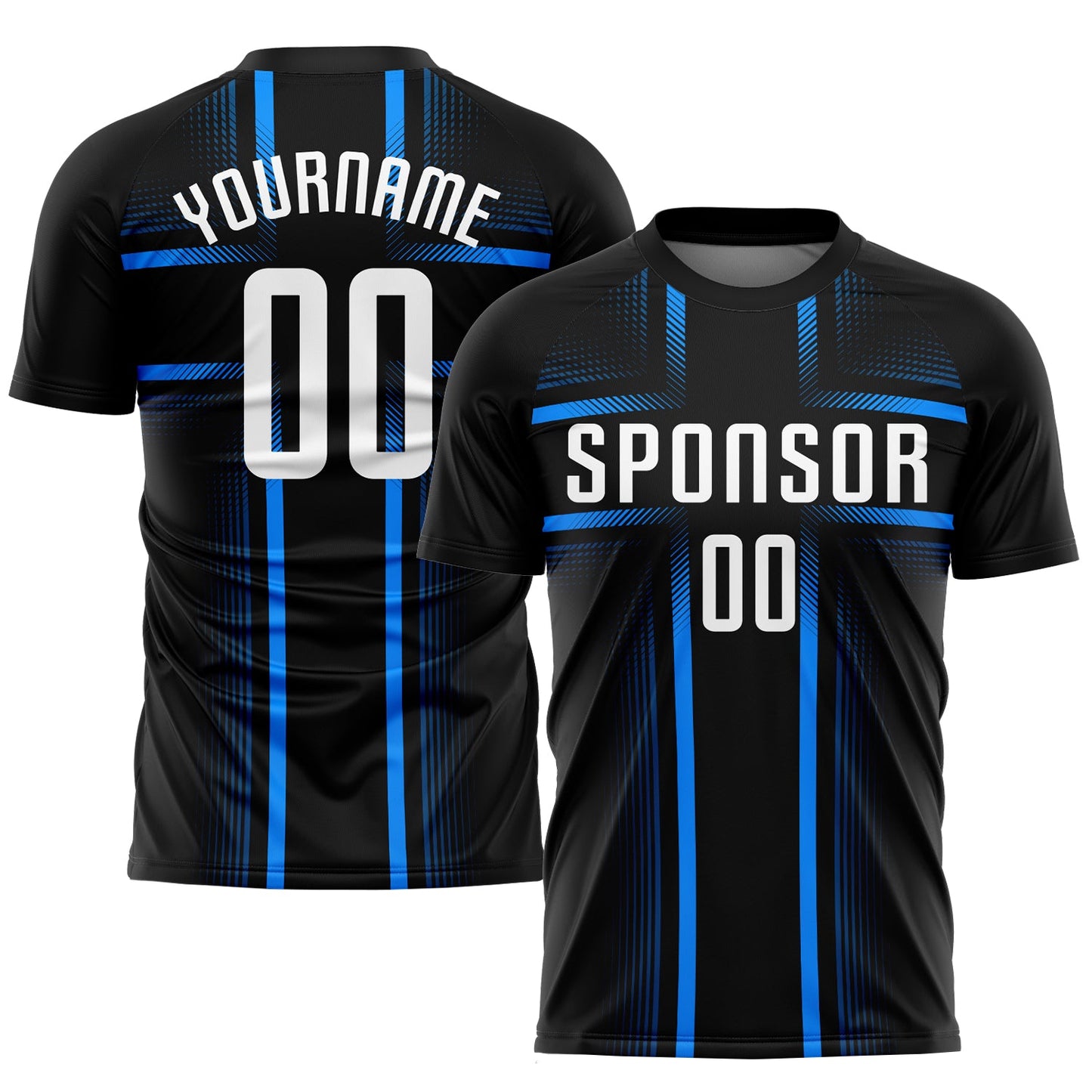 Camiseta de fútbol personalizada con sublimación en negro, blanco y azul claro
