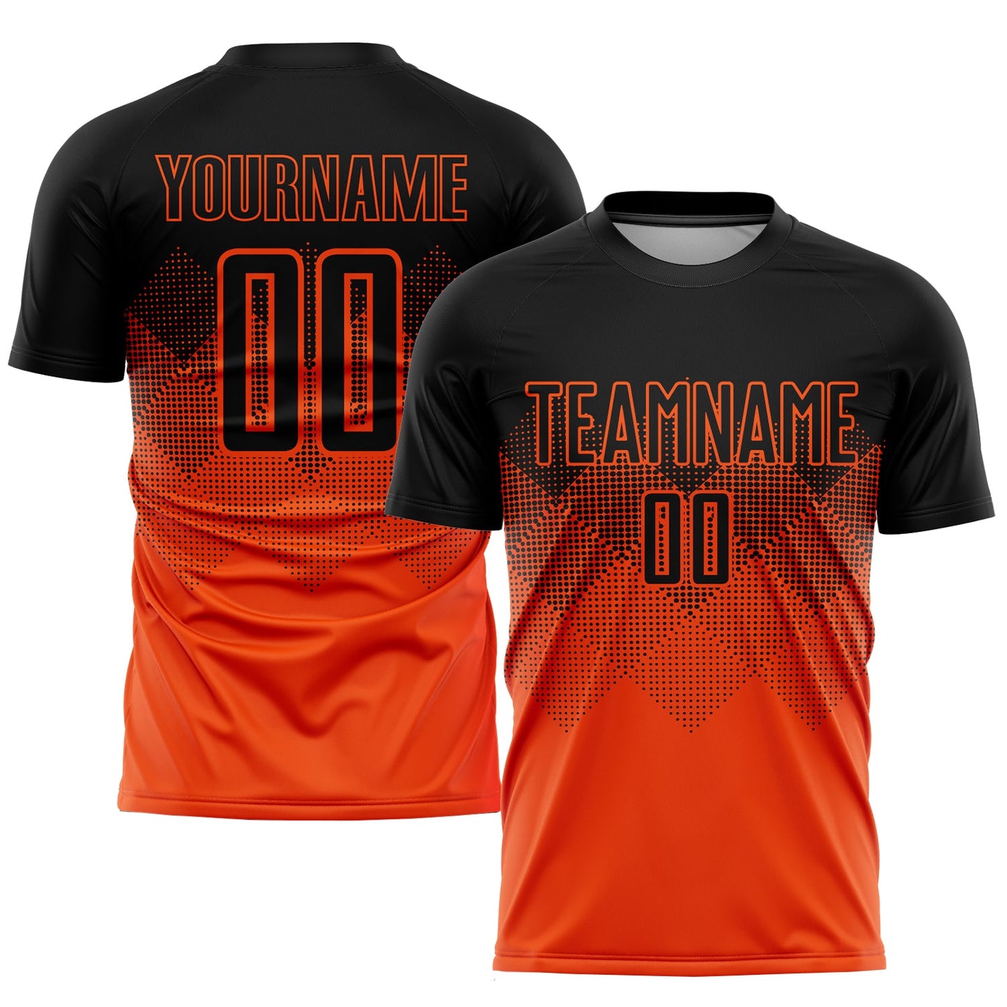 Camiseta de fútbol personalizada con sublimación de cuadrados degradados en naranja y negro