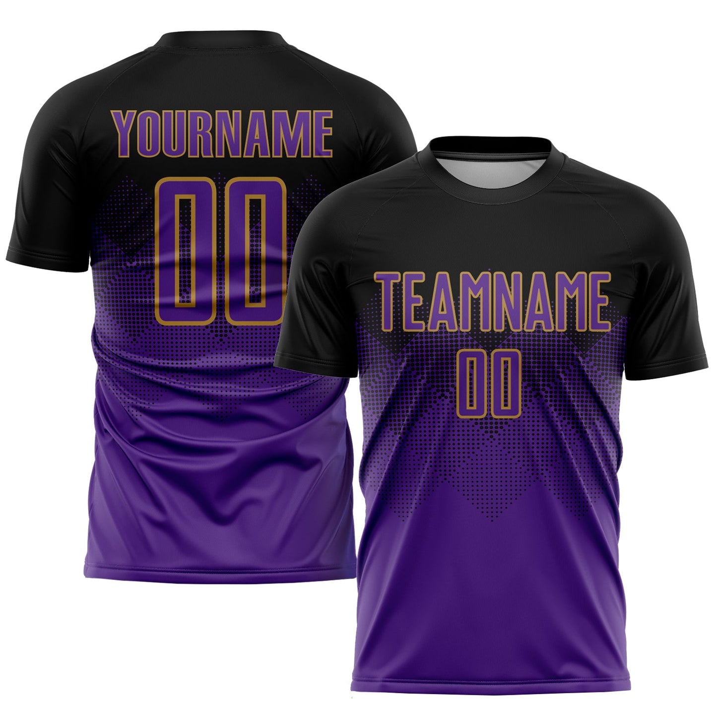 Camiseta de fútbol personalizada con sublimación en negro, morado y oro viejo