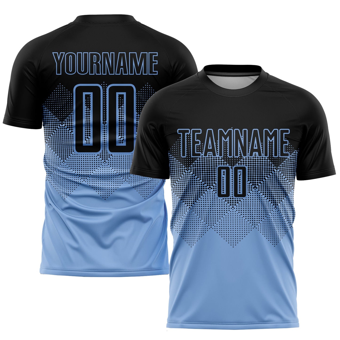 Camiseta de fútbol personalizada de sublimación azul claro y negra