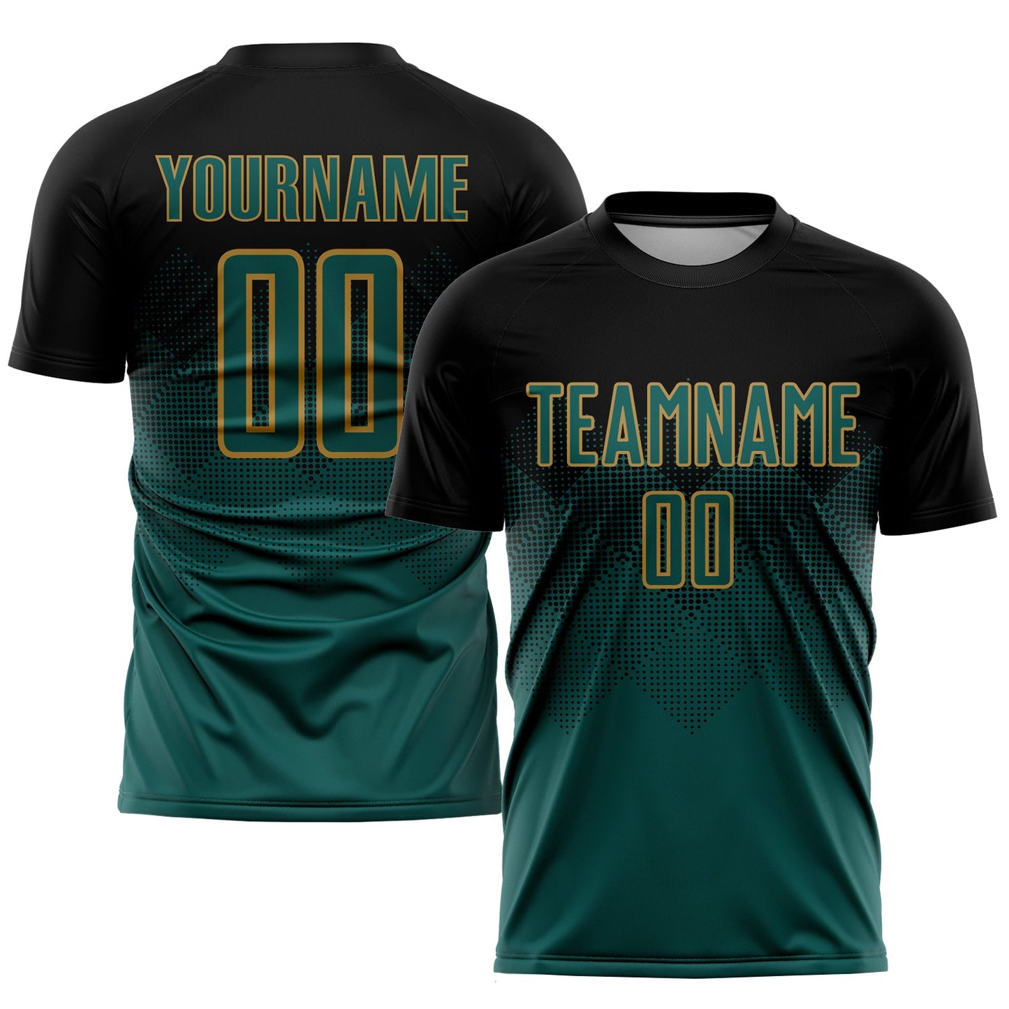 Camiseta de fútbol personalizada con sublimación en negro, verde medianoche y oro viejo