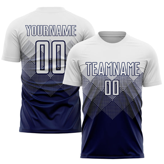 Camiseta de fútbol personalizada por sublimación en blanco y azul marino
