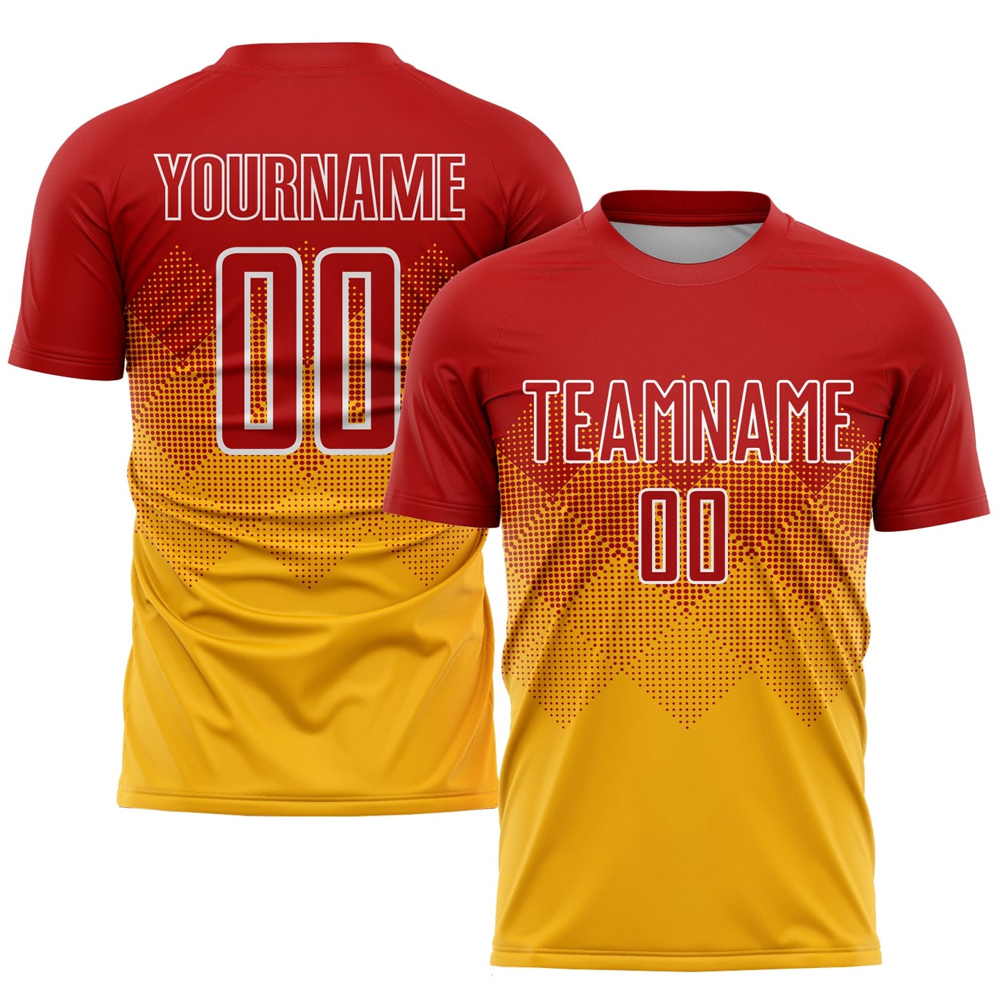 Camiseta de fútbol personalizada con sublimación en rojo, blanco y dorado