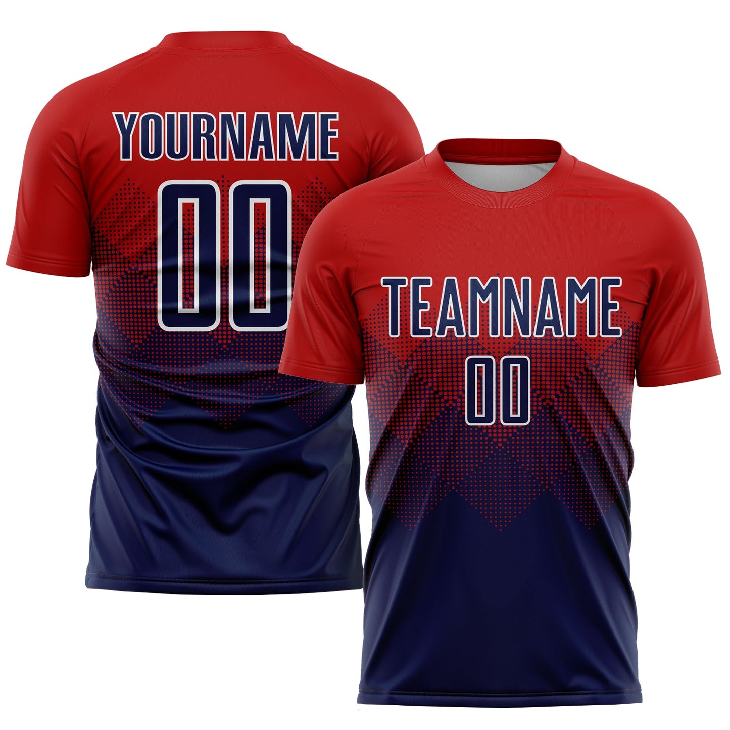 Camiseta de fútbol personalizada con sublimación en rojo, azul marino y blanco
