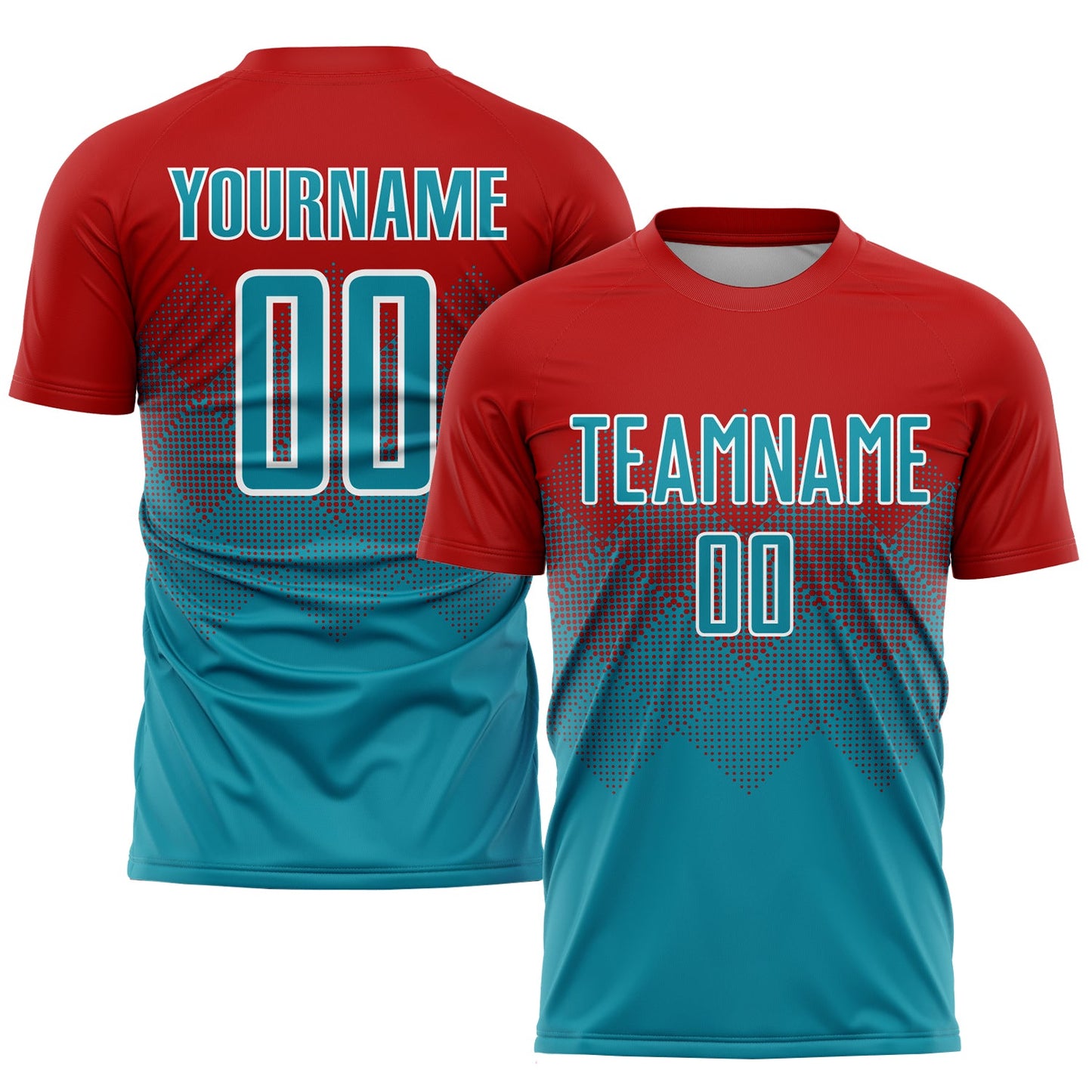 Camiseta de fútbol personalizada con sublimación en rojo, verde azulado y blanco