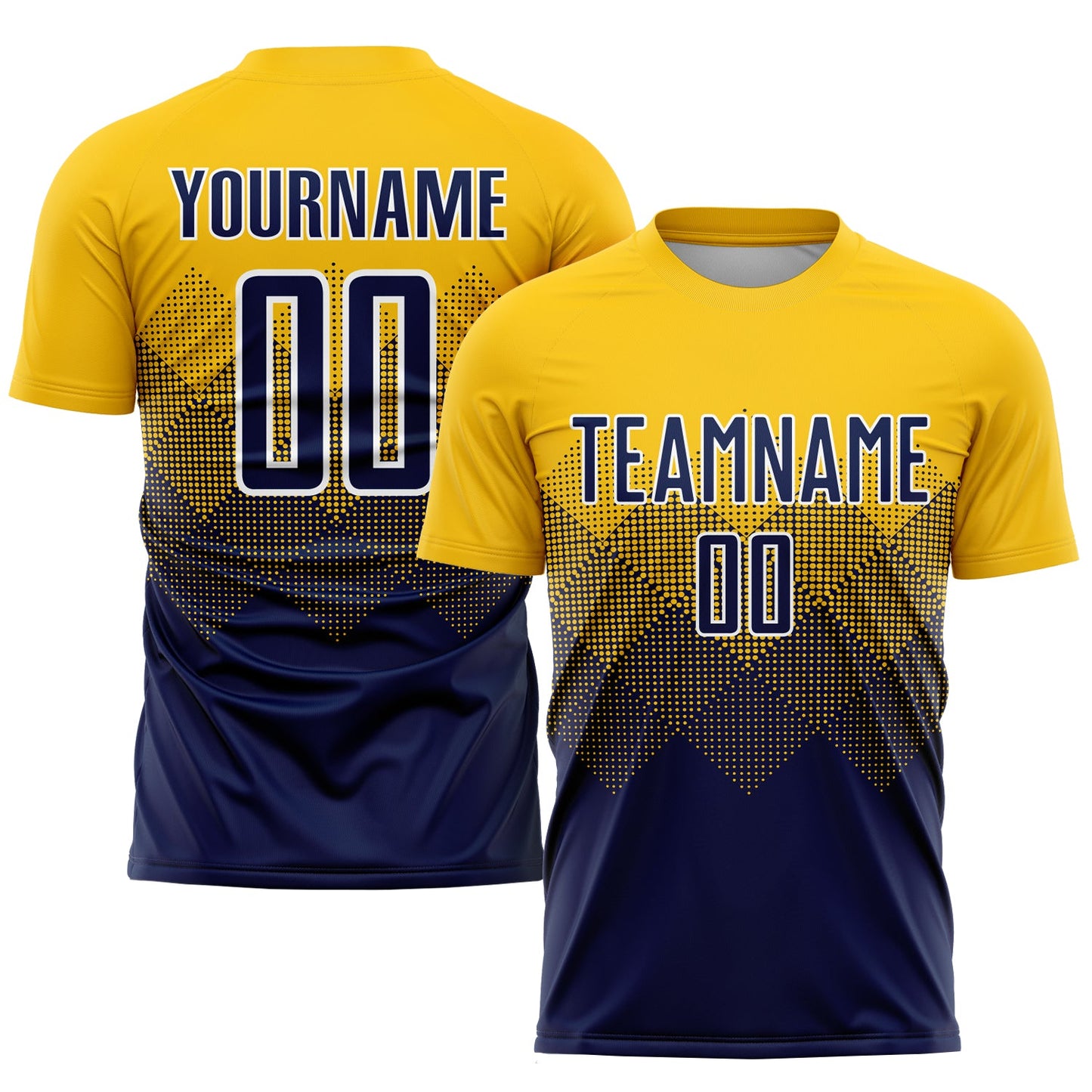 Camiseta de fútbol personalizada con sublimación en dorado, azul marino y blanco