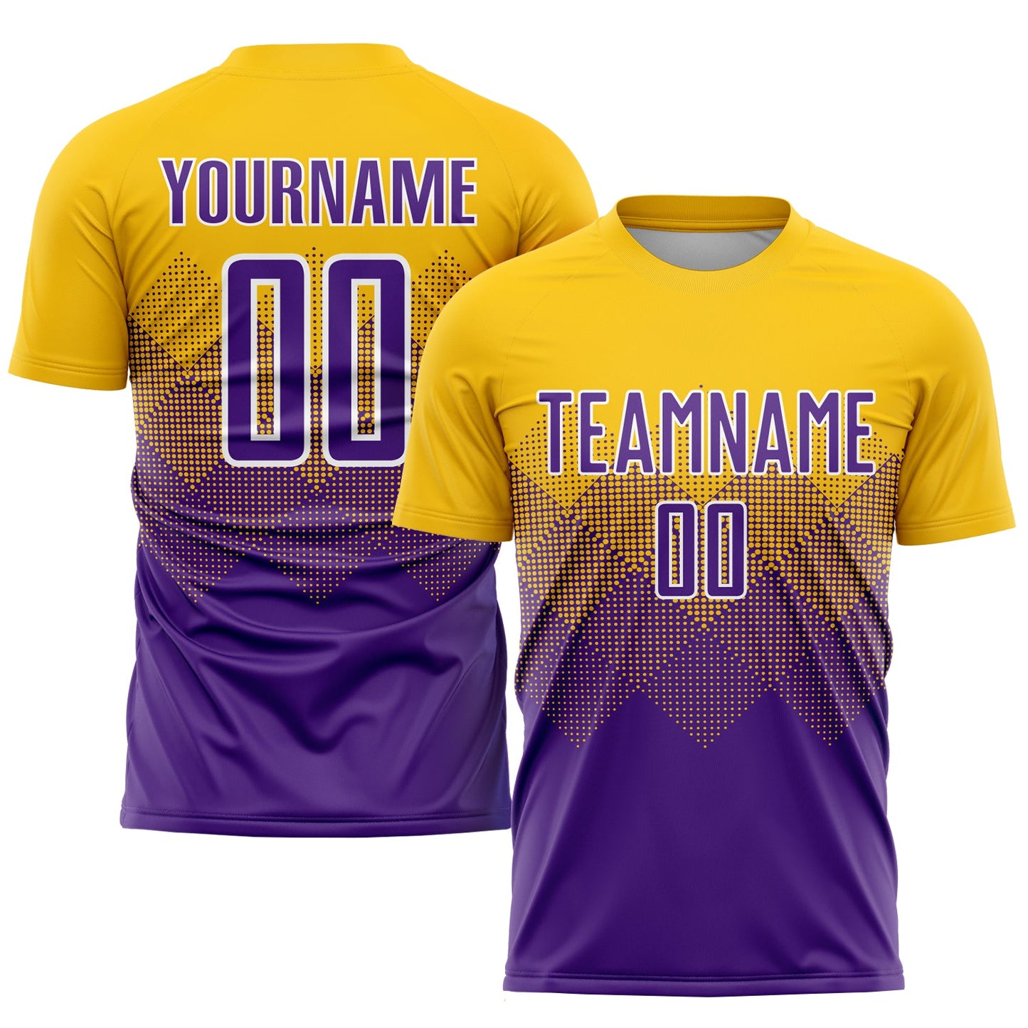 Camiseta de fútbol personalizada con sublimación en dorado, morado y blanco