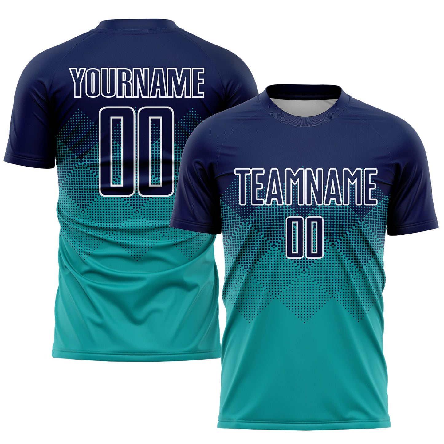 Camiseta de fútbol personalizada por sublimación, color azul marino y blanco