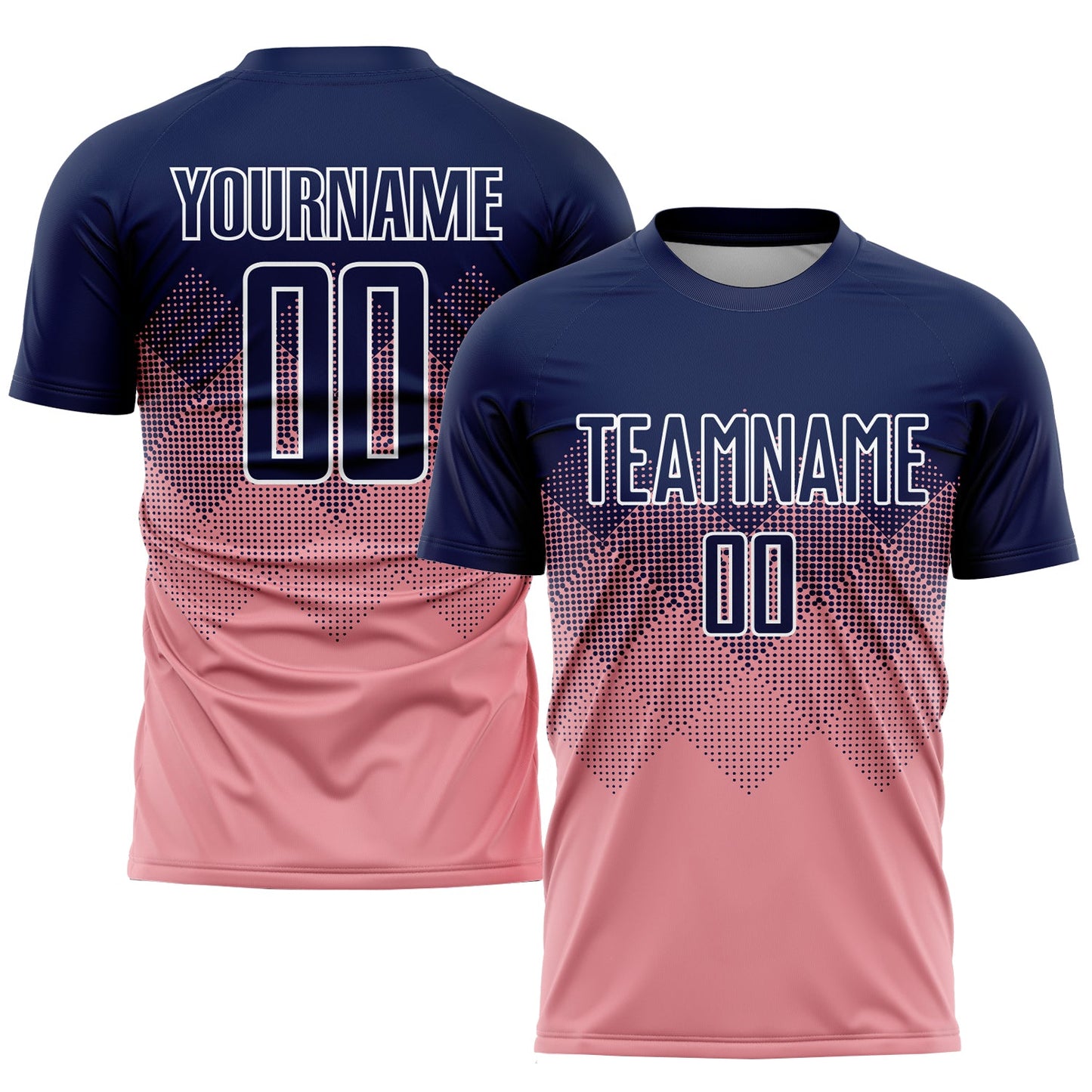 Camiseta de fútbol personalizada de sublimación, color rosa, azul marino y blanco.