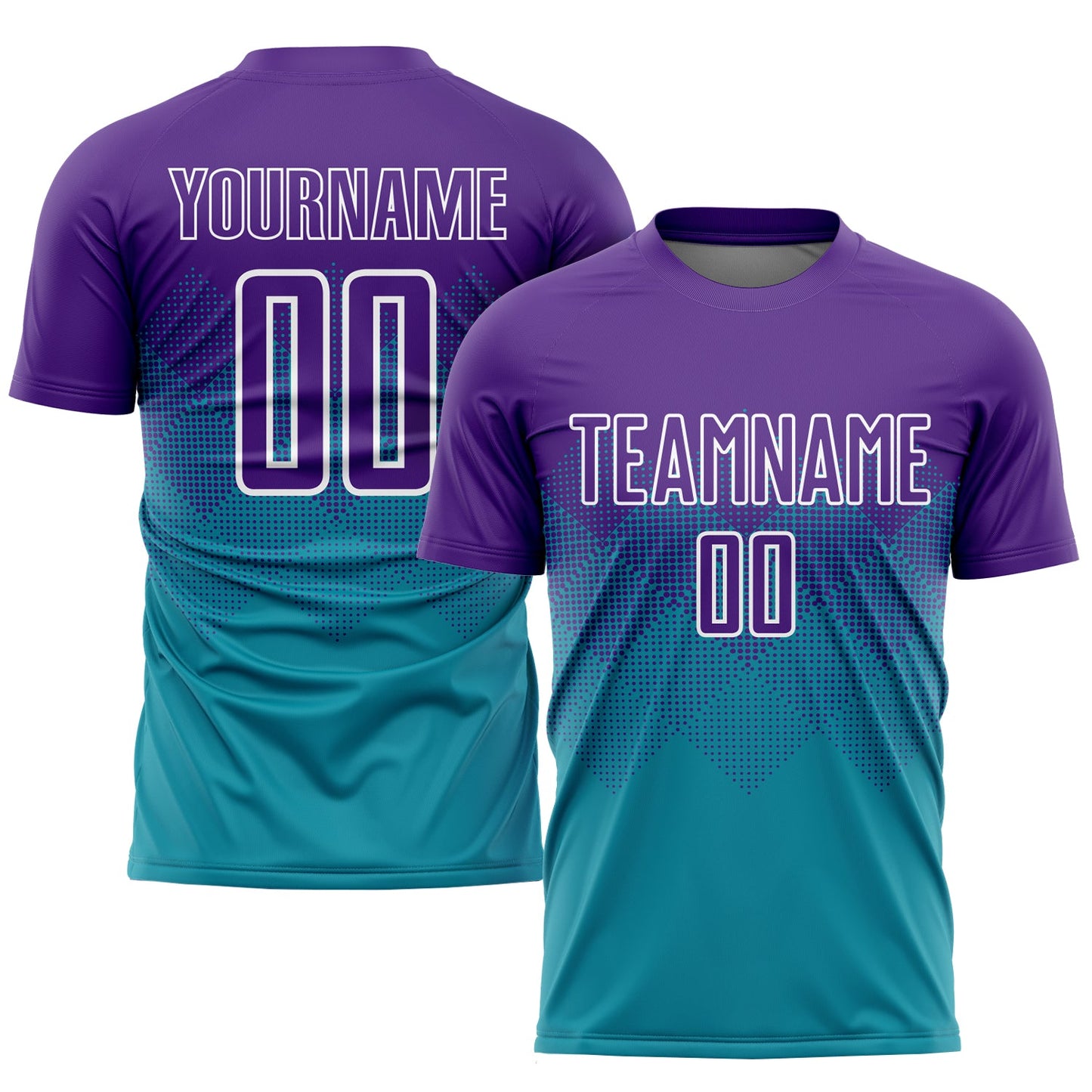 Camiseta de fútbol personalizada con sublimación en tonos verde azulado, morado y blanco