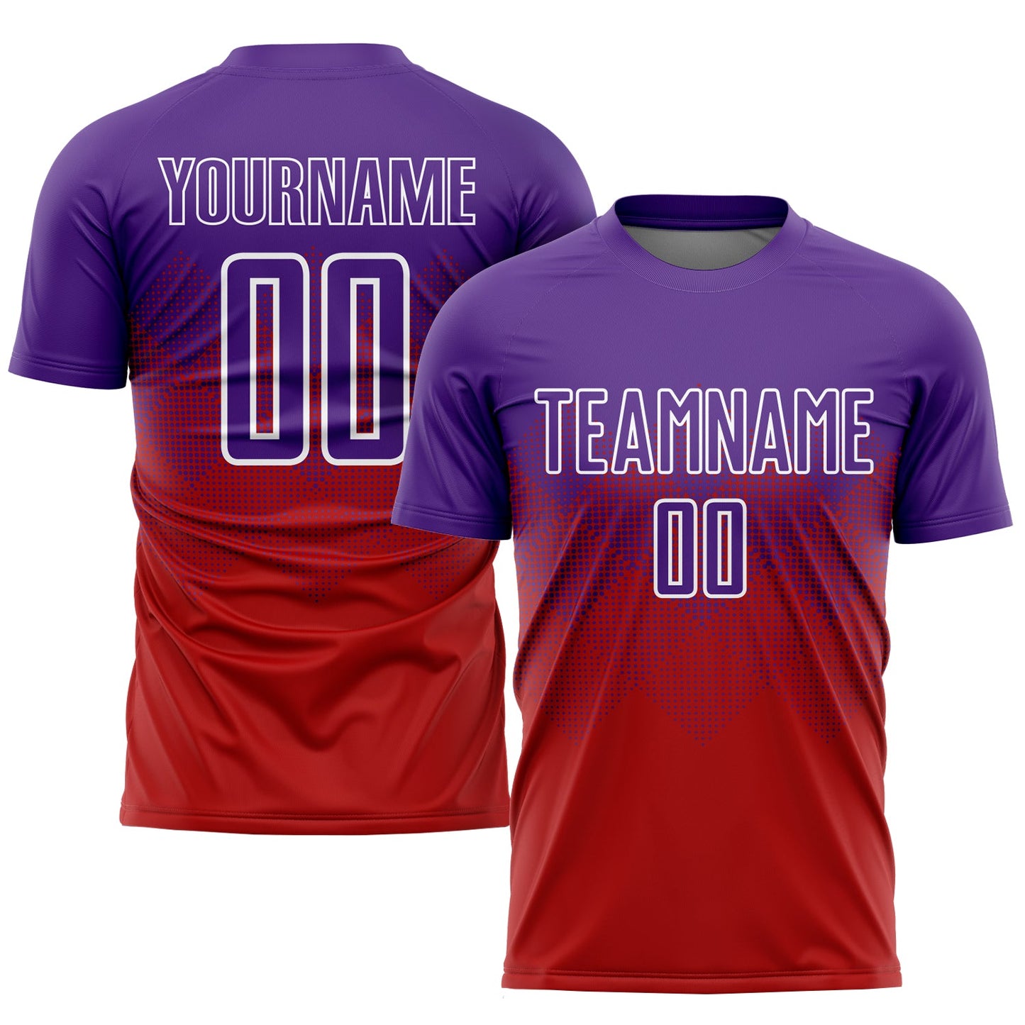 Camiseta de fútbol personalizada con sublimación en rojo, morado y blanco