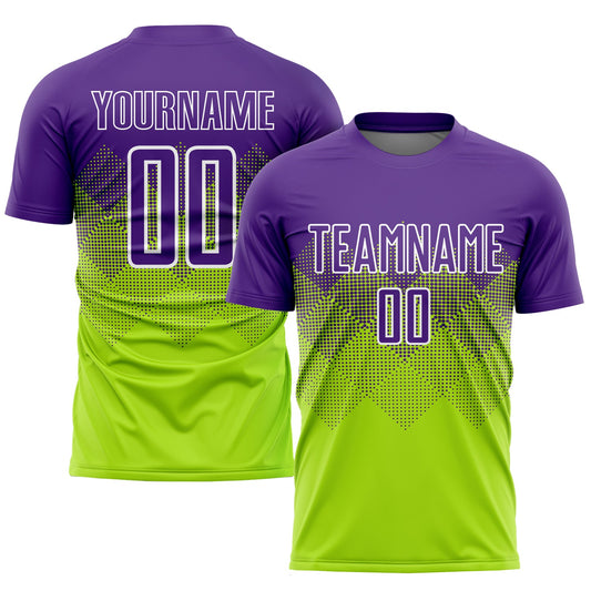 Camiseta de fútbol personalizada de sublimación verde neón, morado y blanco