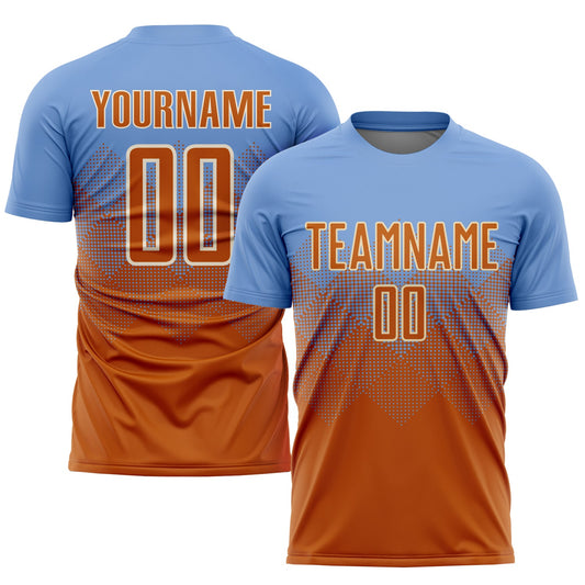 Camiseta de fútbol personalizada de Texas, color azul claro, naranja y crema, sublimada