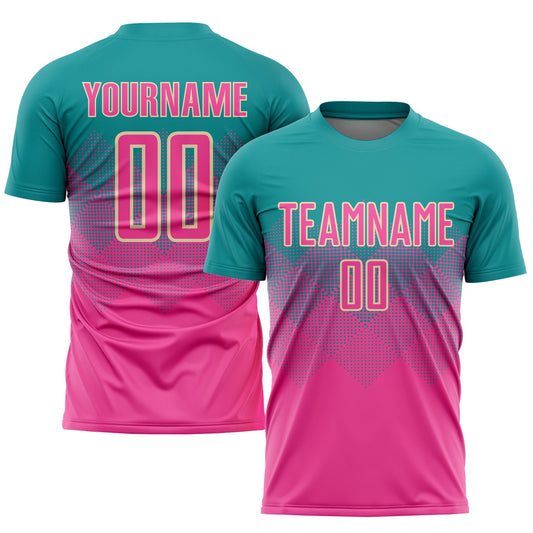 Camiseta de fútbol personalizada por sublimación en color verde azulado, rosa y crema