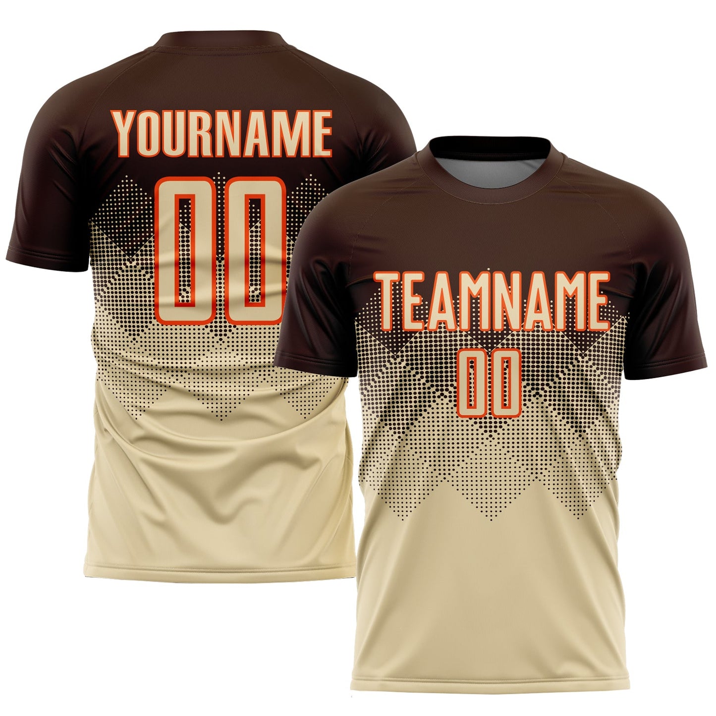 Camiseta de fútbol personalizada con sublimación en marrón, crema y naranja
