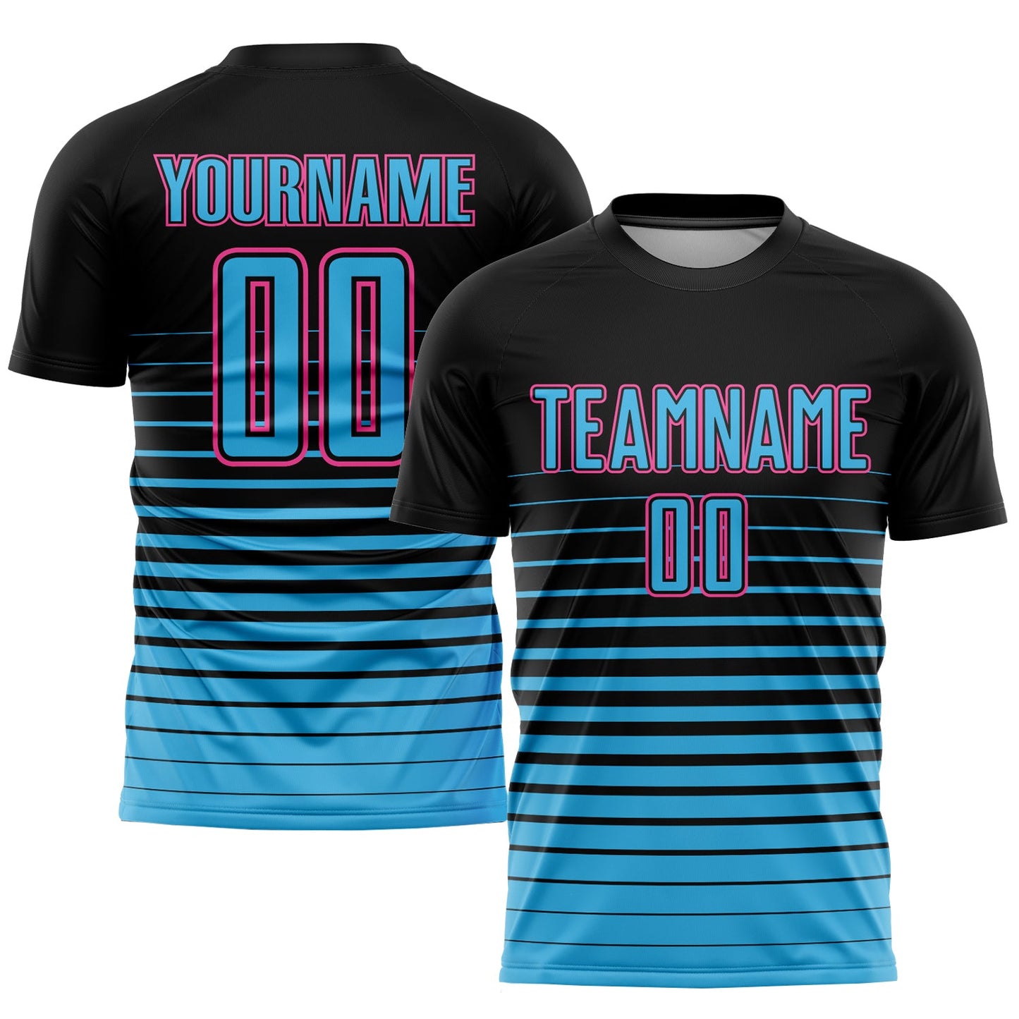 Camiseta de fútbol personalizada con sublimación, de moda, con rayas en negro, azul cielo y rosa degradado