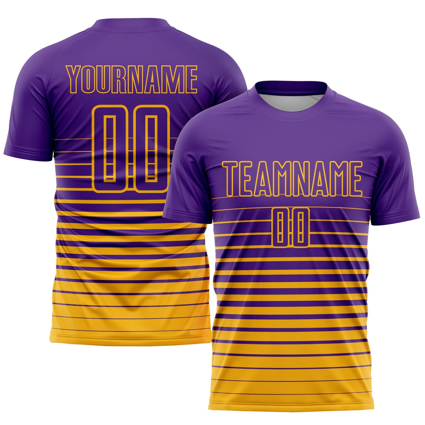Camiseta de fútbol personalizada con sublimación de moda con raya dorada y morada