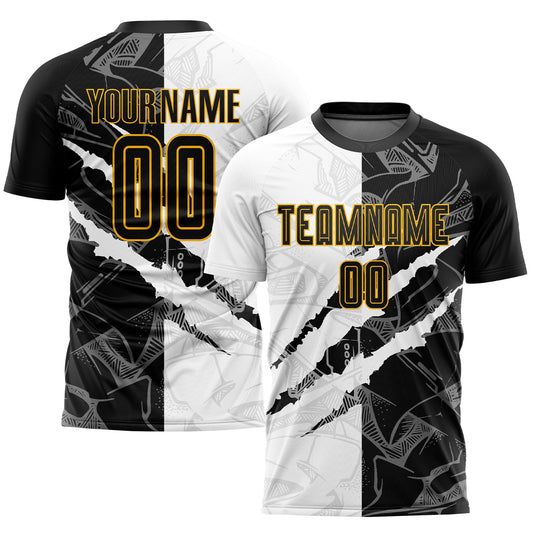 Camiseta de fútbol personalizada con estampado de grafiti, color negro y dorado, para sublimación y rayado
