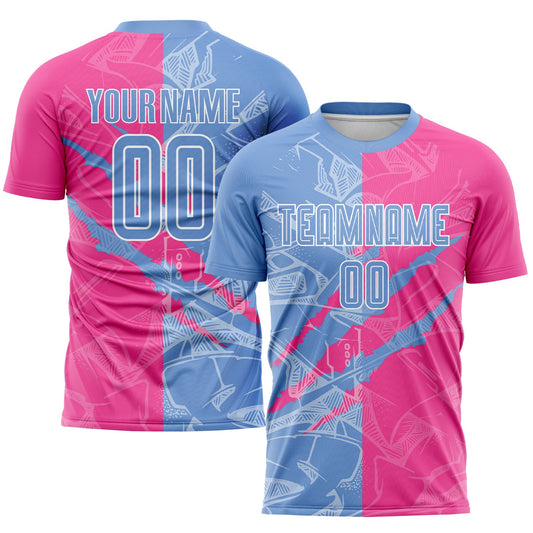 Camiseta de fútbol personalizada con estampado de grafiti, color azul claro y rosa, para rascar y sublimación