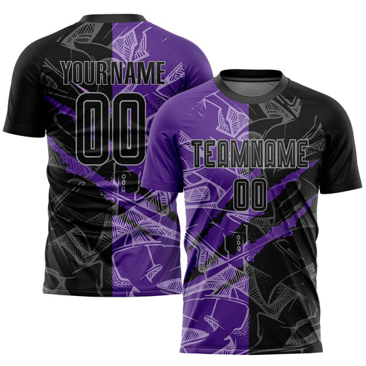 Camiseta de fútbol personalizada con estampado de grafiti, color negro, morado y gris, para sublimación y rayado