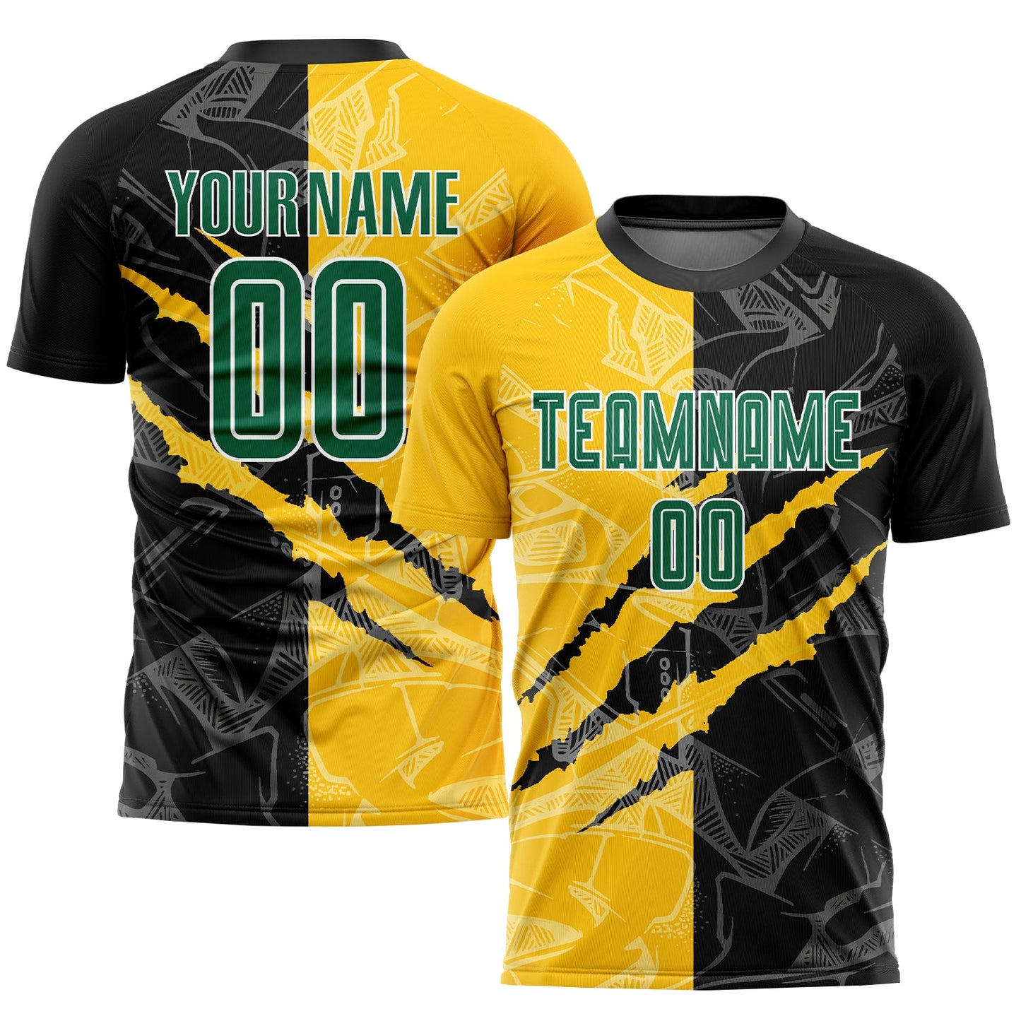 Camiseta de fútbol personalizada con estampado de grafiti, color verde Kelly, negro y amarillo, para rascar por sublimación