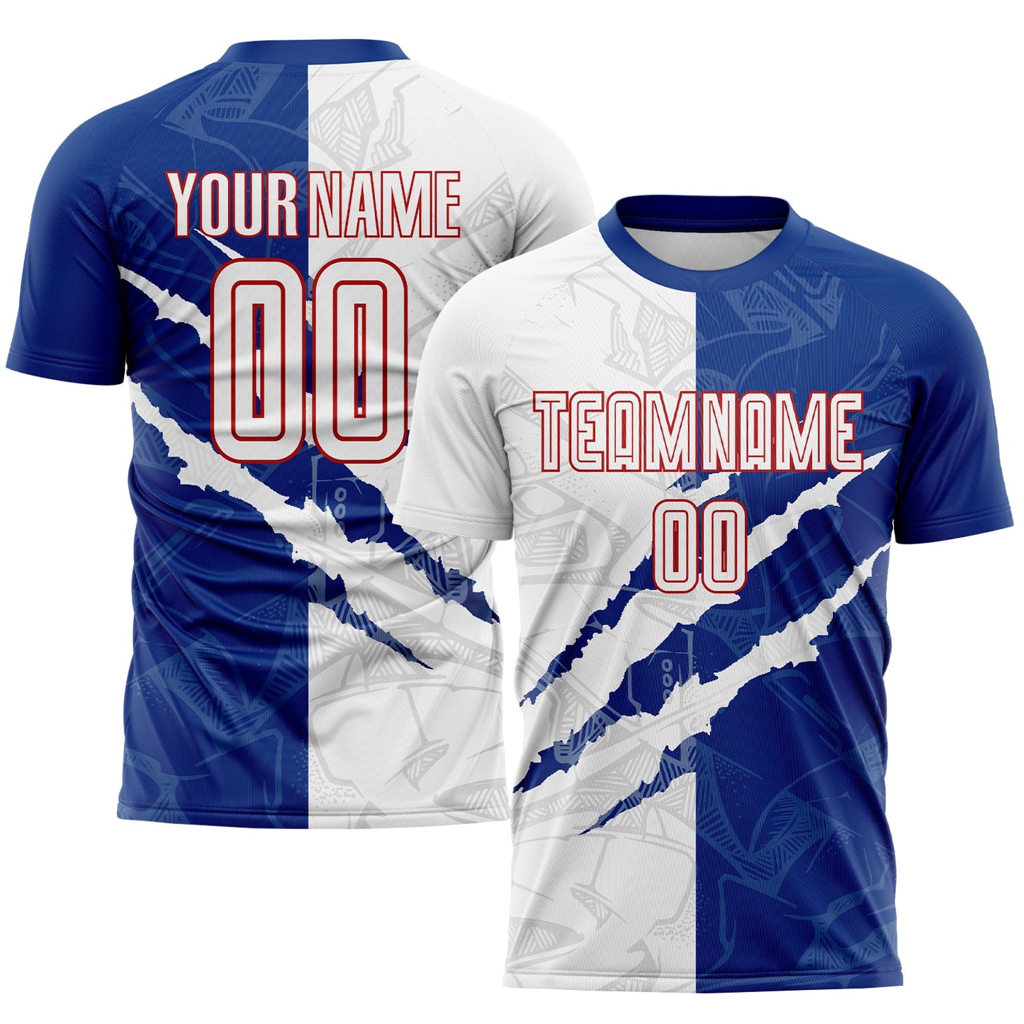 Camiseta de fútbol personalizada con estampado de grafiti, color blanco, azul y rojo, para rascar por sublimación