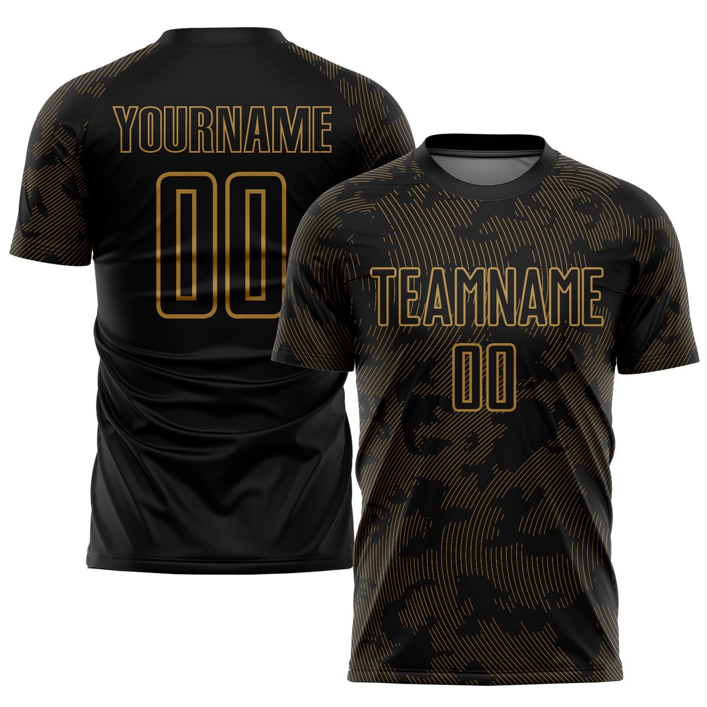 Camiseta de fútbol personalizada con sublimación en negro y oro viejo