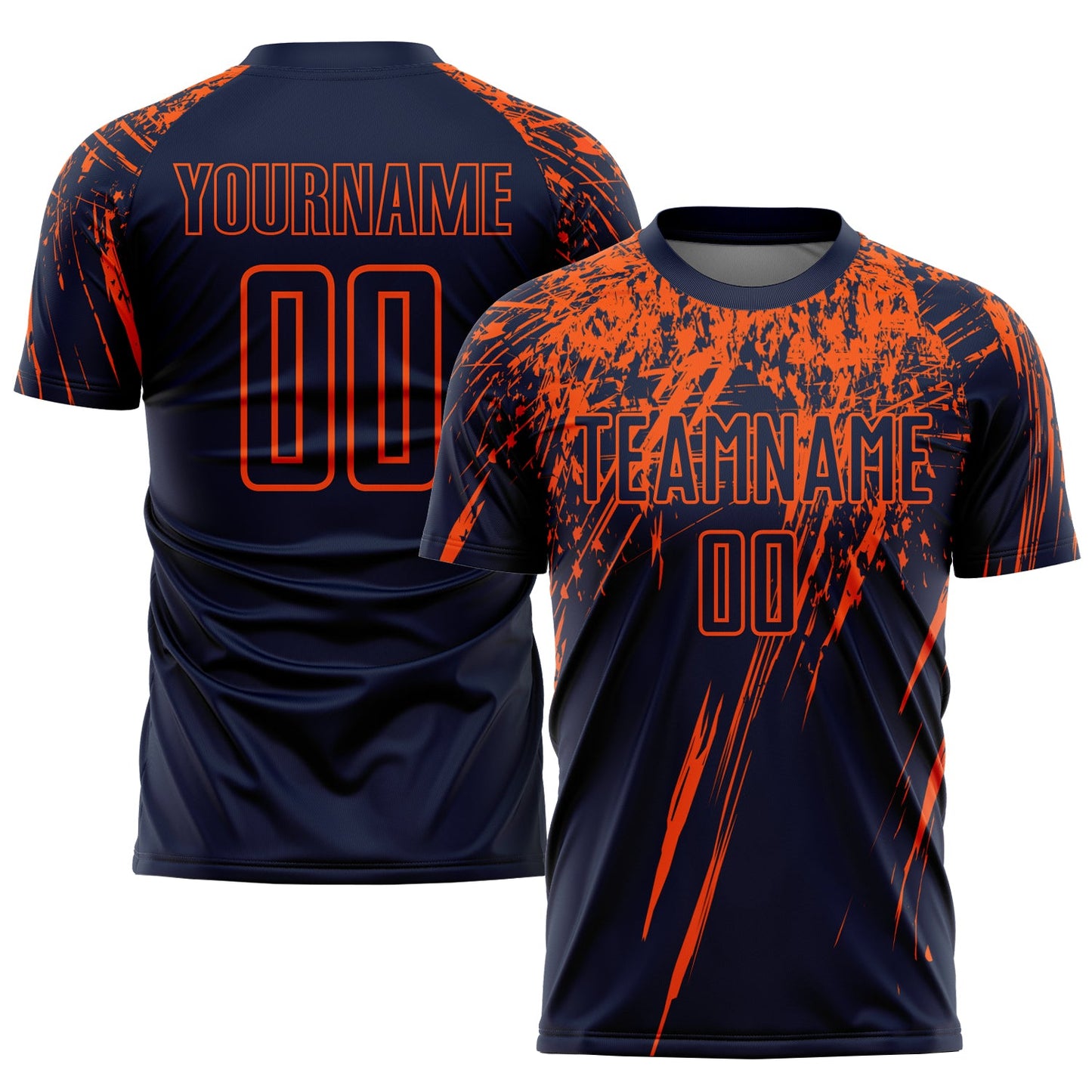 Camiseta de fútbol personalizada con sublimación en color azul marino y naranja