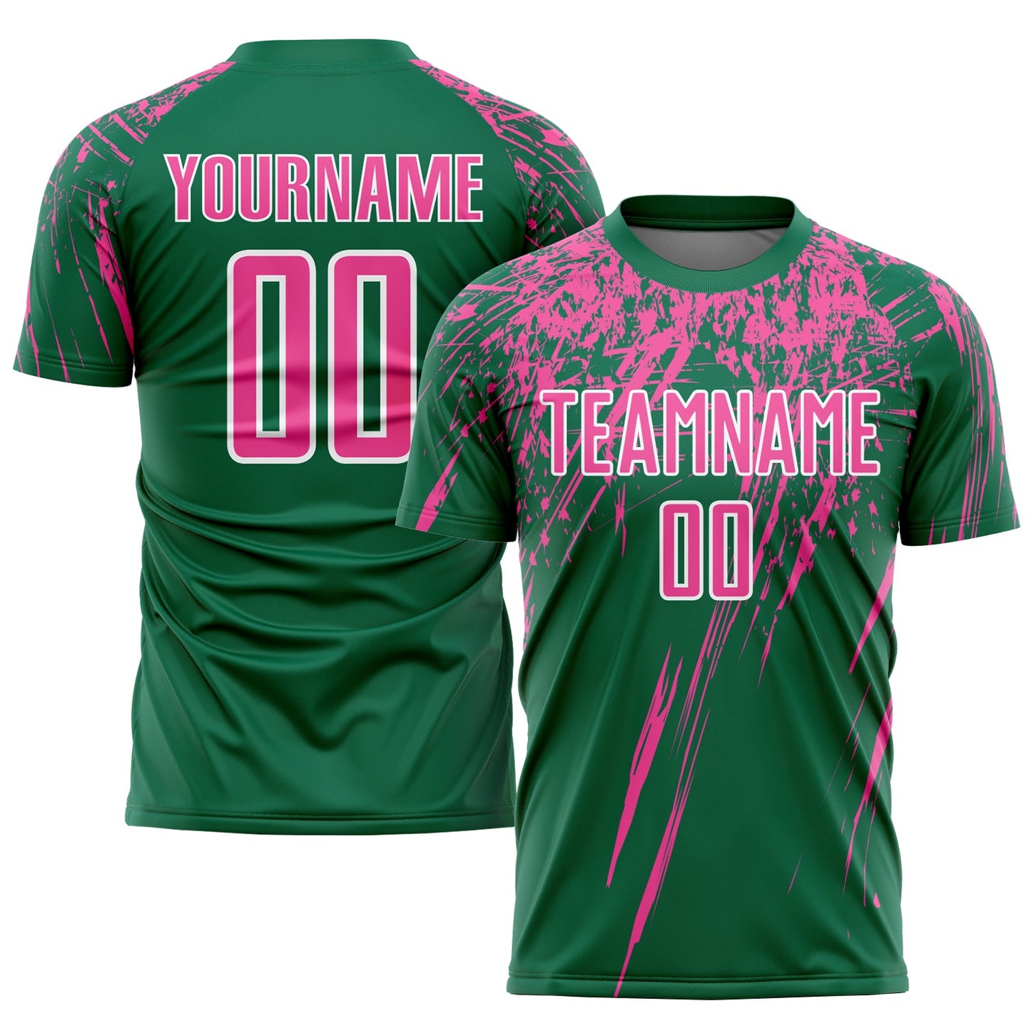 Camiseta de fútbol personalizada Kelly Green, rosa y blanca, sublimada