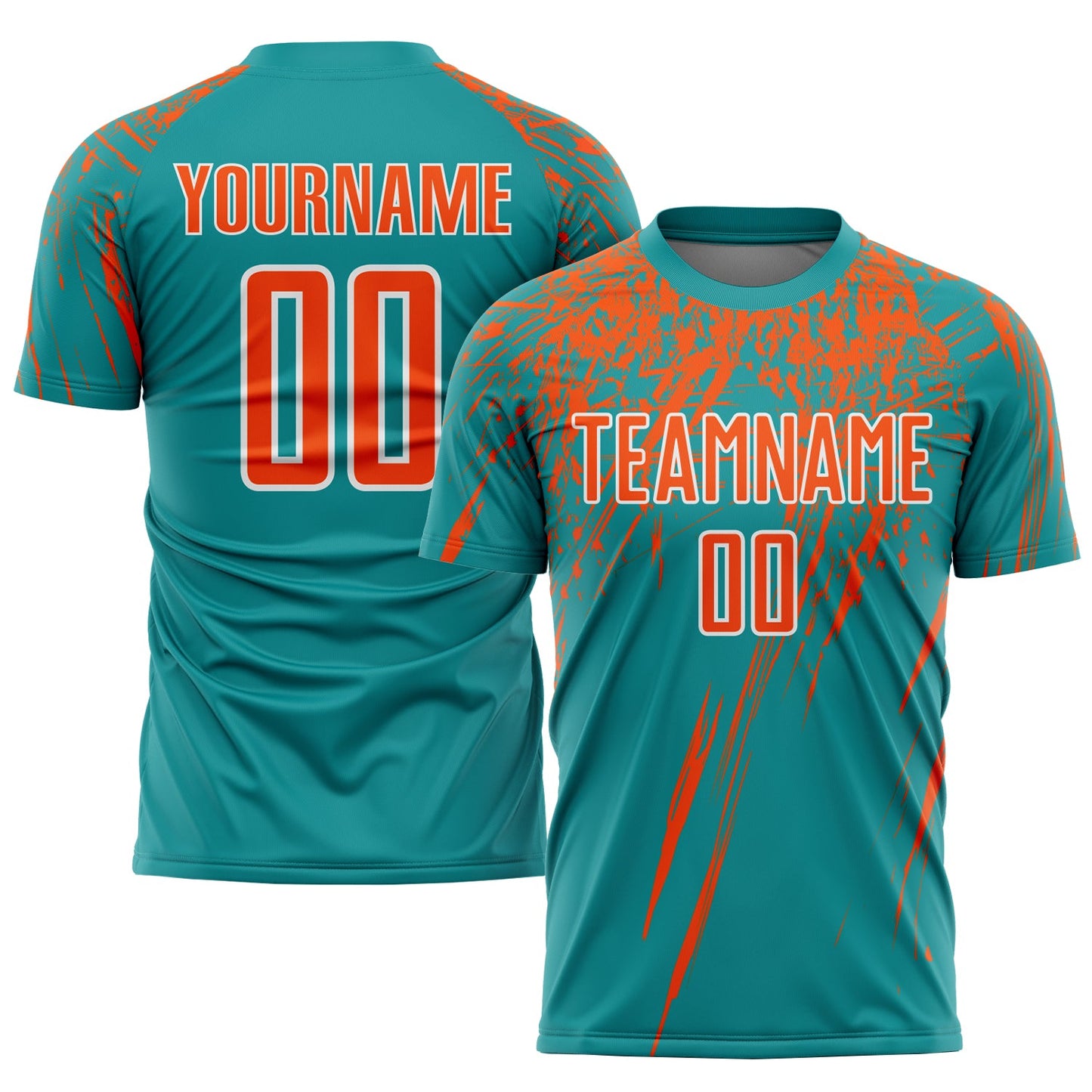 Camiseta de fútbol personalizada con sublimación en verde azulado, naranja y blanco
