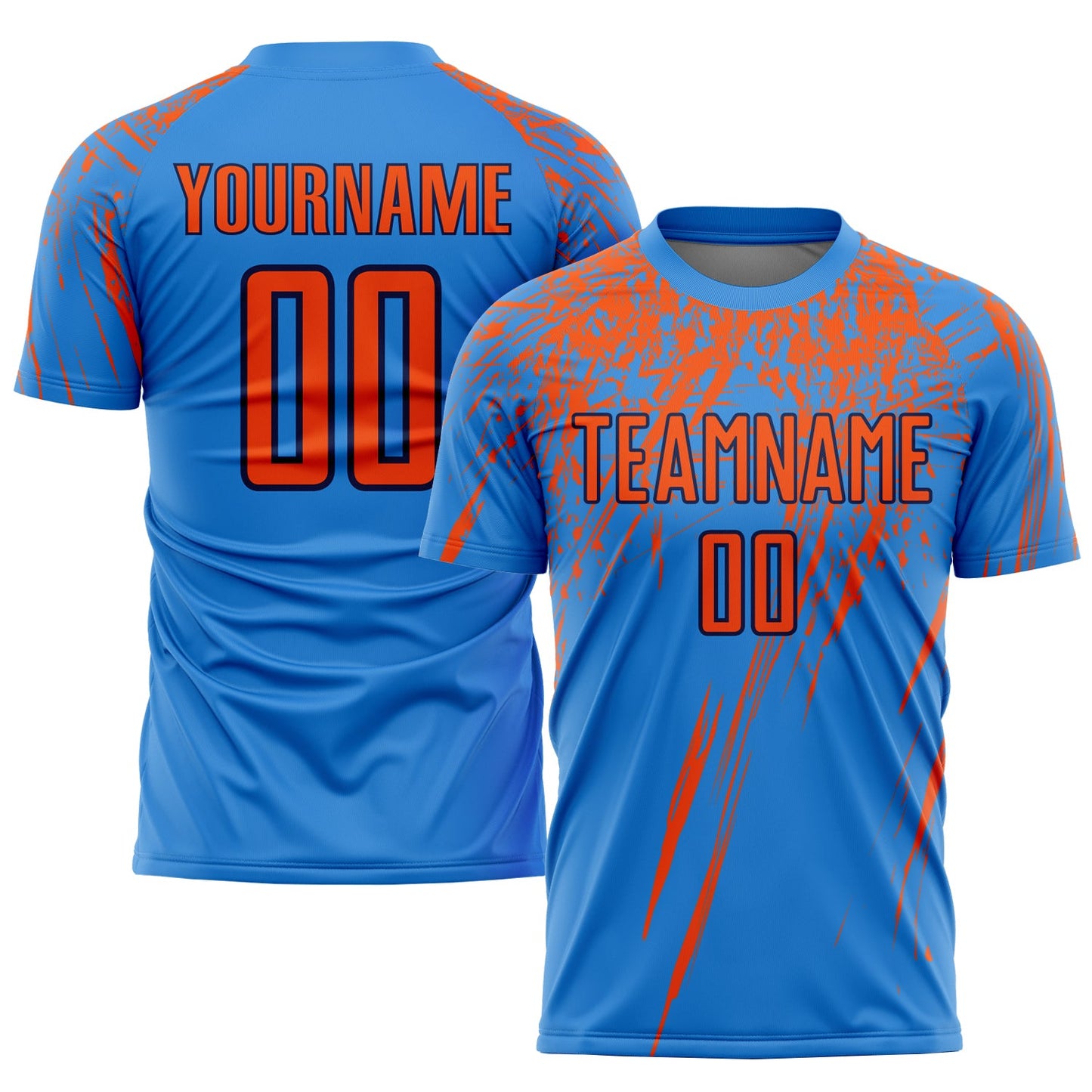 Camiseta de fútbol personalizada por sublimación en azul claro, naranja y azul marino