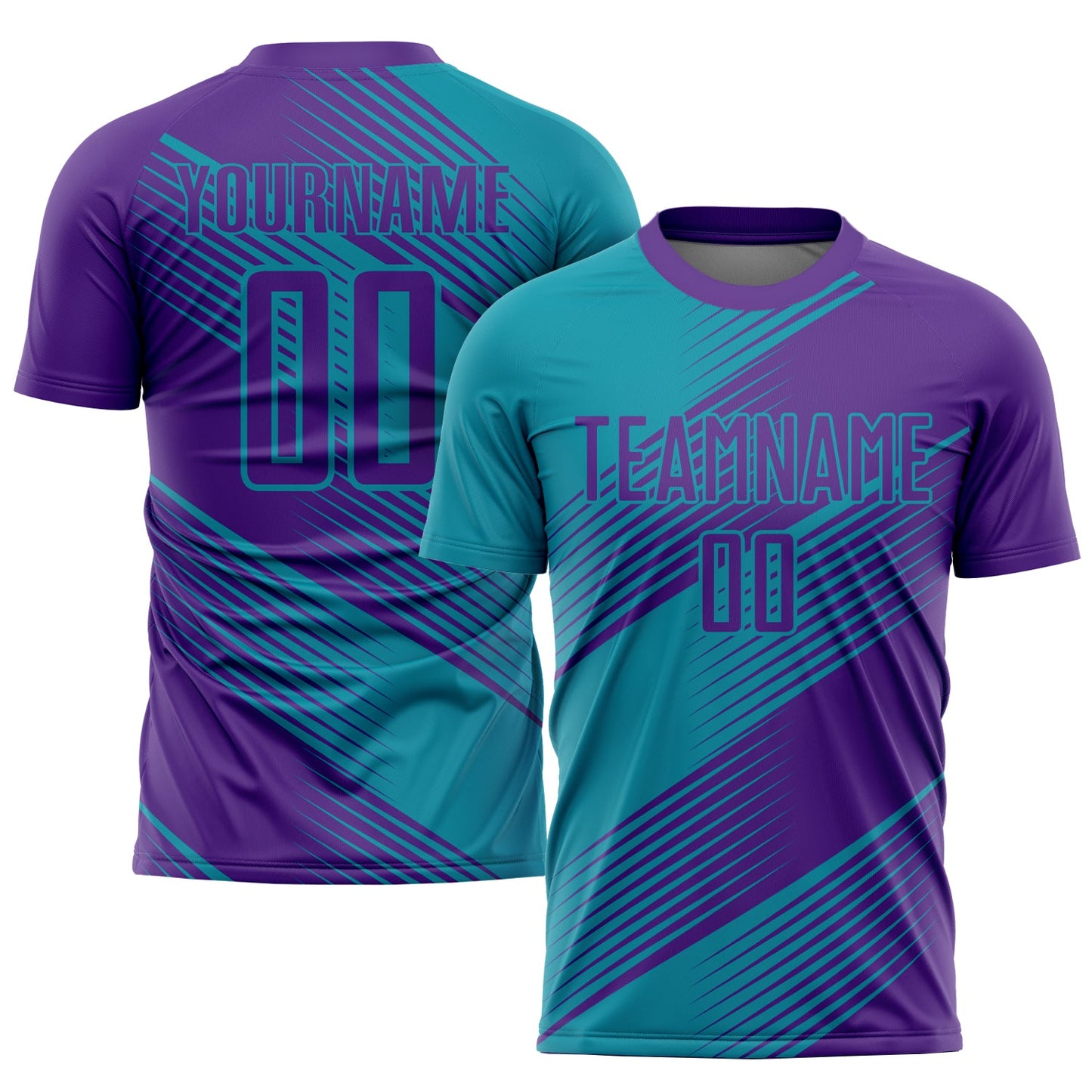 Camiseta de fútbol personalizada con sublimación en color verde azulado y morado