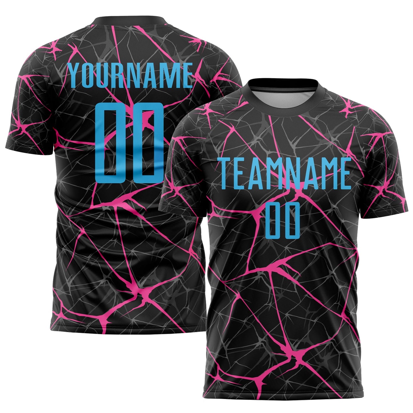 Camiseta de fútbol personalizada con sublimación en negro, azul cielo y rosa