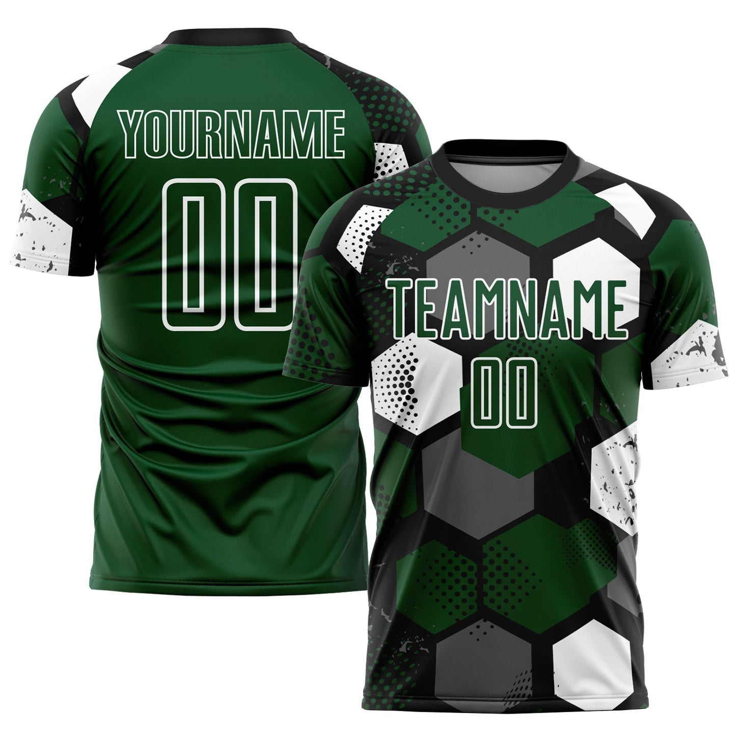 Camiseta de fútbol personalizada con sublimación en verde, negro y blanco