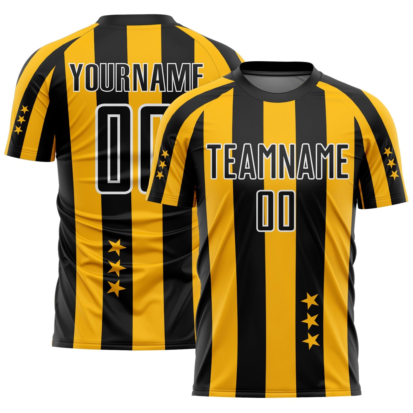 Camiseta de fútbol personalizada con sublimación de estrellas y cuadrados, dorada, negra y blanca