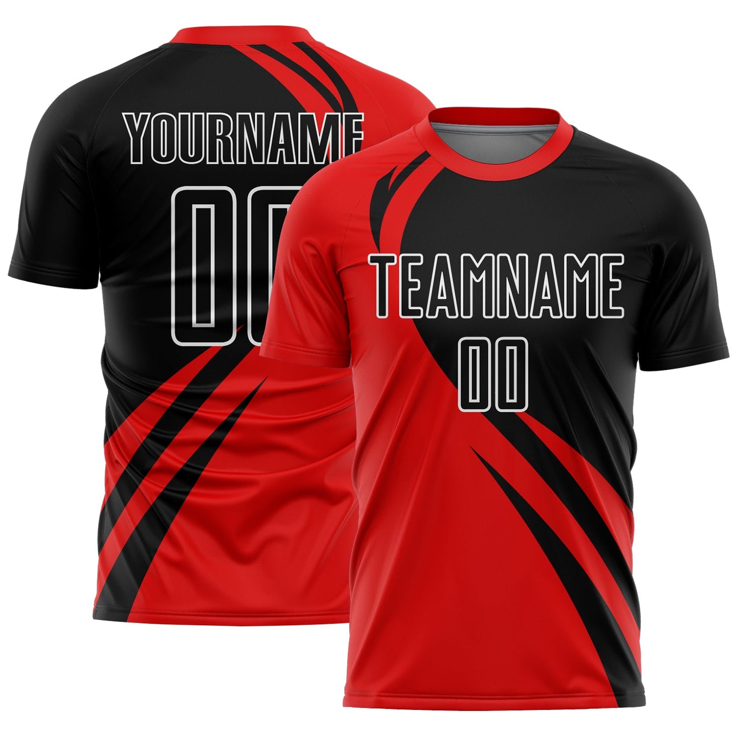 Camiseta de fútbol personalizada con sublimación de líneas curvas en rojo, negro y blanco