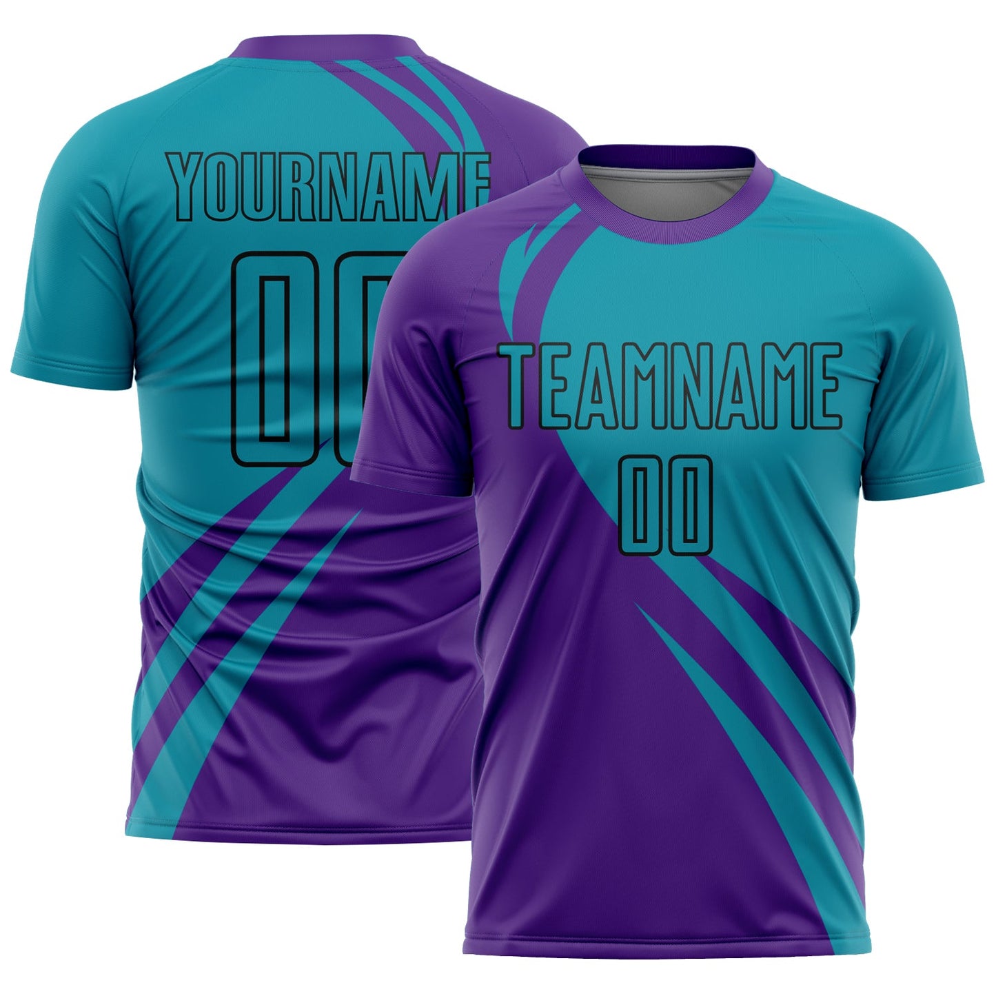 Camiseta de fútbol personalizada con sublimación de líneas curvas en morado, verde azulado y negro