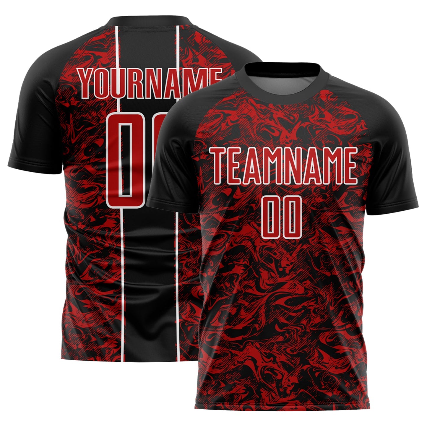 Camiseta de fútbol personalizada con sublimación fluida abstracta, negra, roja y blanca