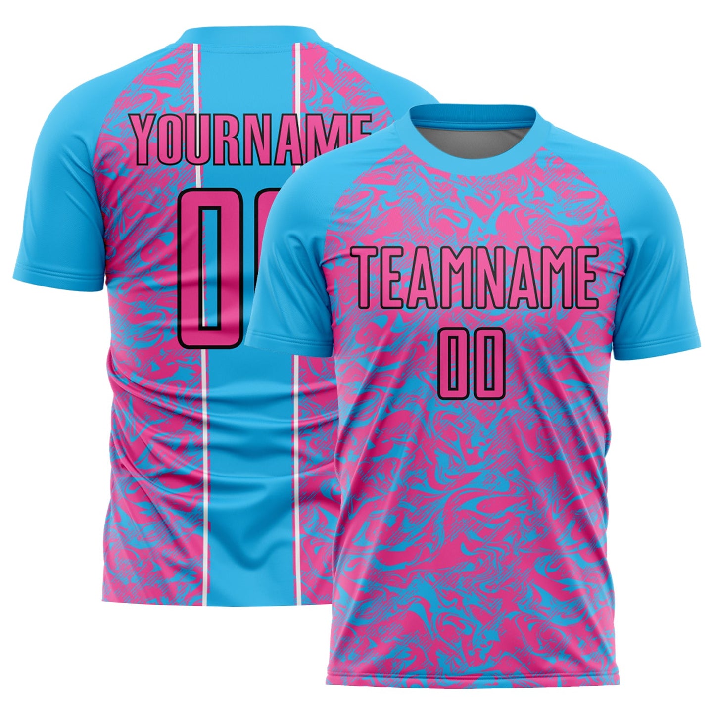 Camiseta de fútbol personalizada con sublimación fluida abstracta en azul cielo, rosa y negro