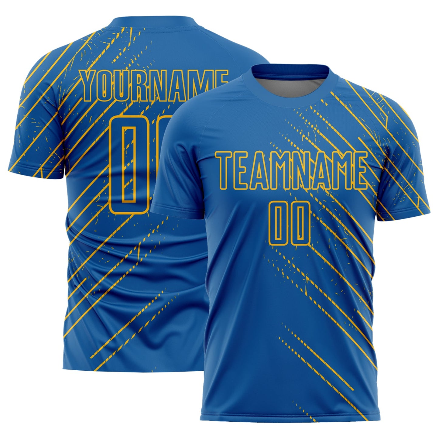Camiseta de fútbol personalizada con sublimación de líneas azules y doradas