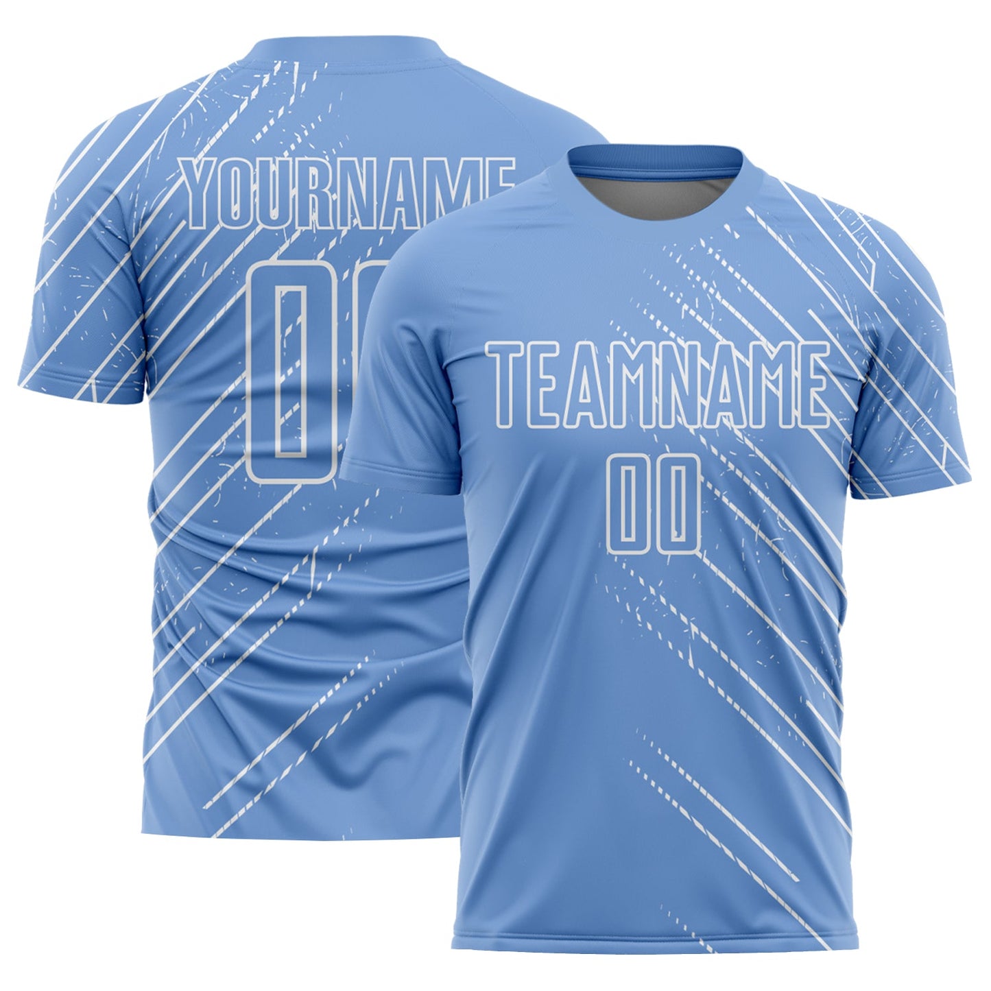 Camiseta de fútbol personalizada con sublimación de líneas blancas y azul claro