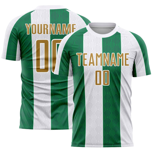 Camiseta de fútbol personalizada de sublimación en blanco, dorado viejo y verde Kelly