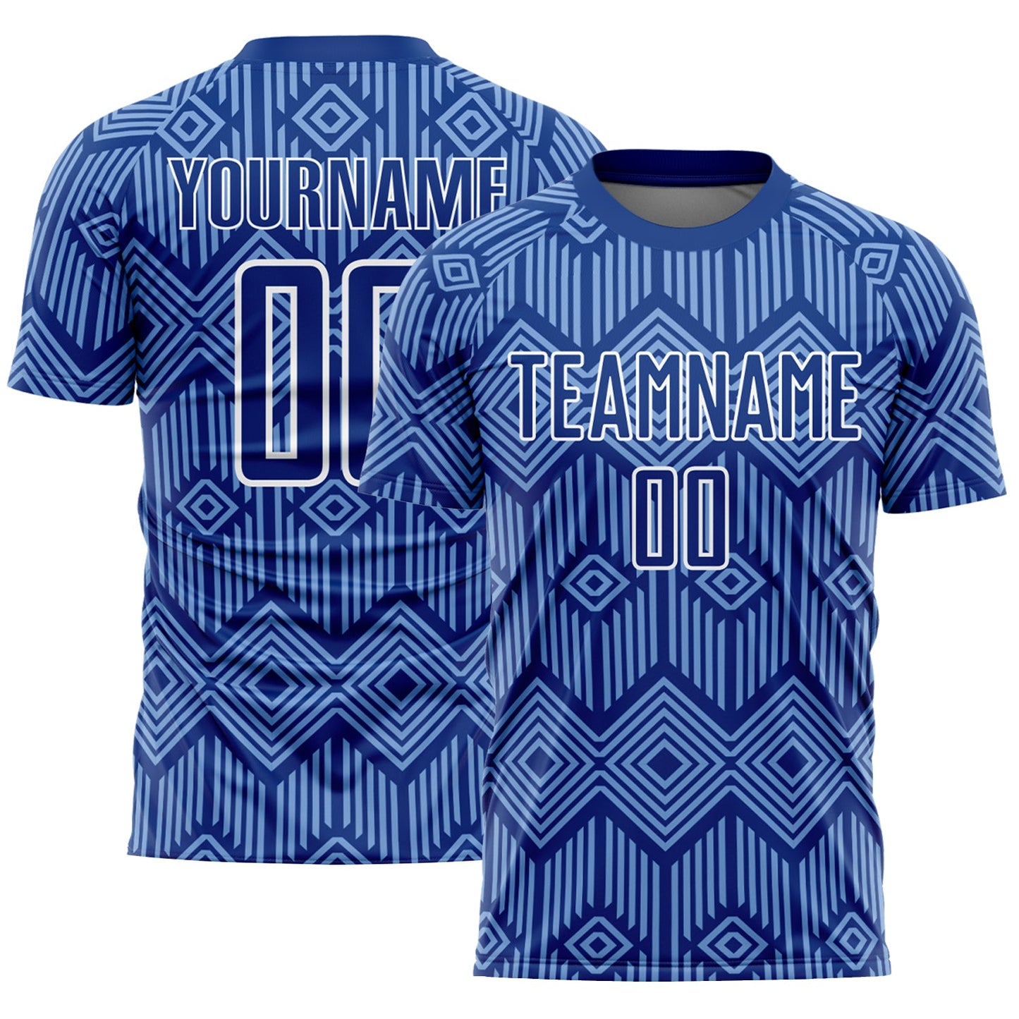 Camiseta de fútbol personalizada con sublimación de formas geométricas abstractas en azul real claro y blanco