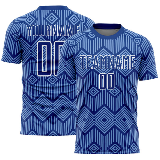 Camiseta de fútbol personalizada con sublimación de formas geométricas abstractas en azul real claro y blanco