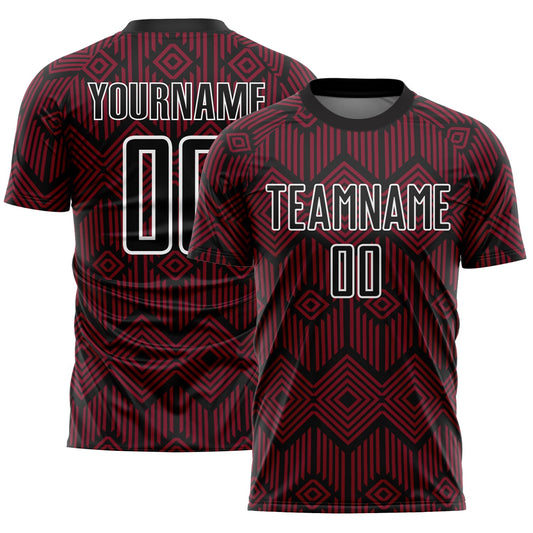 Camiseta de fútbol personalizada con sublimación de formas geométricas abstractas en blanco y negro carmesí