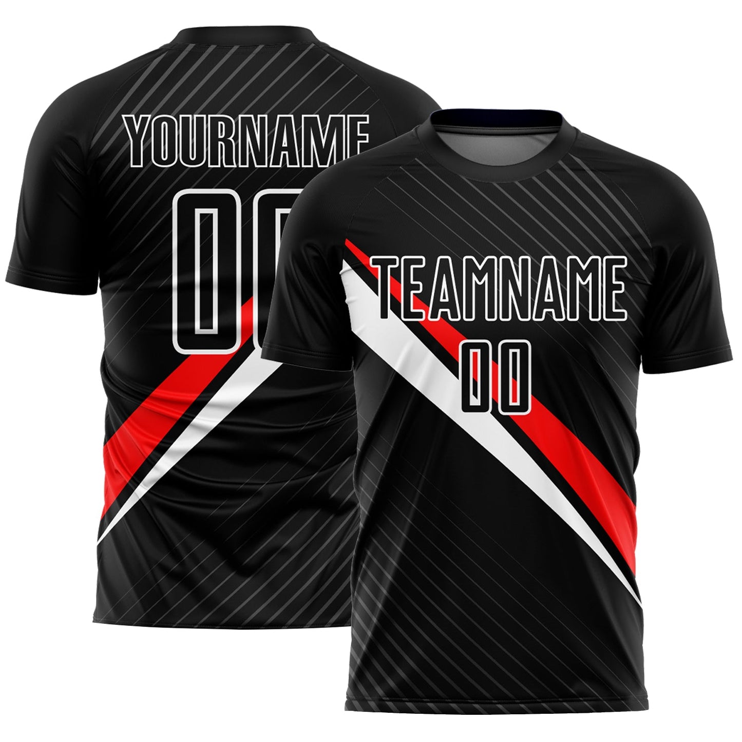Camiseta de fútbol personalizada con sublimación de líneas diagonales en negro, rojo y blanco